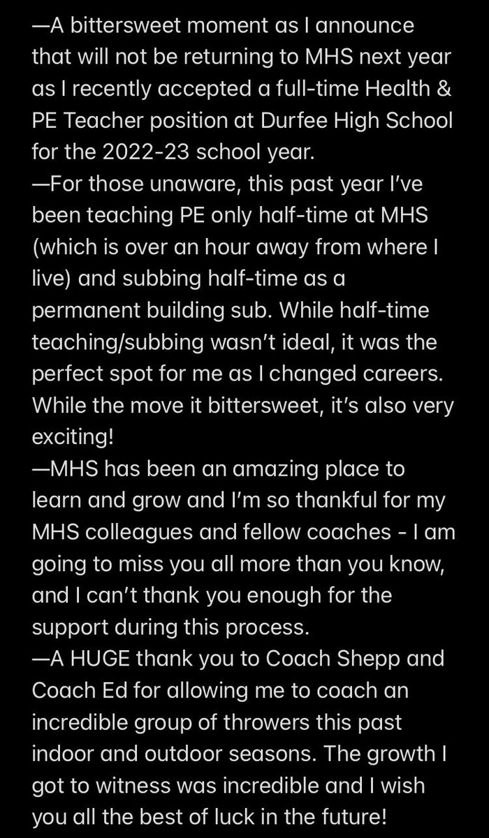 CoachChauvin's tweet photo. A bittersweet moment as I announce that I will not be returning to MHS next year. Thank you @MarshfieldTC &amp; @ladyramstrack for the opportunity to coach an amazing group of throwers!! &amp; THANK YOU to the throwers for your respect and willingness to learn! 🐏 @GORAMSathletics https://t.co/9038ajaYTa