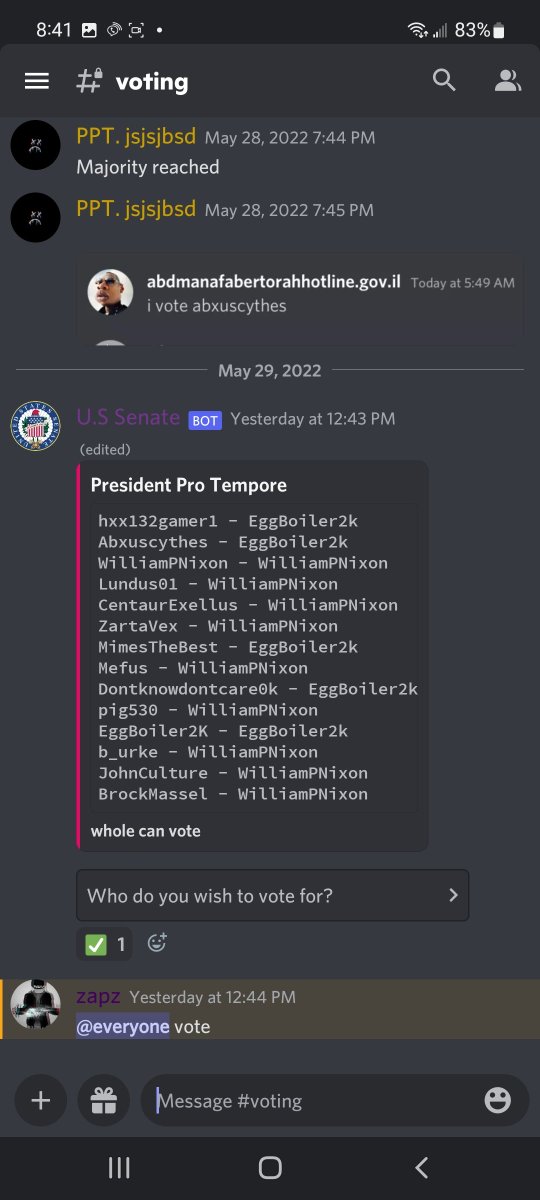 Happy to have reached a majority in the President pro tempore by-election and been certified by acting PPT and Secretary of the Senate, Abxuscythes. I look forward to chairing a well functioning and active chamber of the legislature.