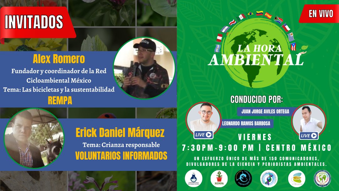 imffss_oficial's tweet photo. 🔴🌳La Hora Ambiental 🌱03 de junio de 2022
🌿 Entérate de los últimos sucesos en materia ambiental en el Mundo 🇲🇽
✅ Con Juan Jorge Aviles y Leonardo Barbosa
El #IMFFSS @Econamb1 @VoluntariosI y la @rempaonline #Envivo💬📅 Todos los viernes
🕗7:30 PM https://t.co/G30lPf9E1S https://t.co/L8C2hkILT6