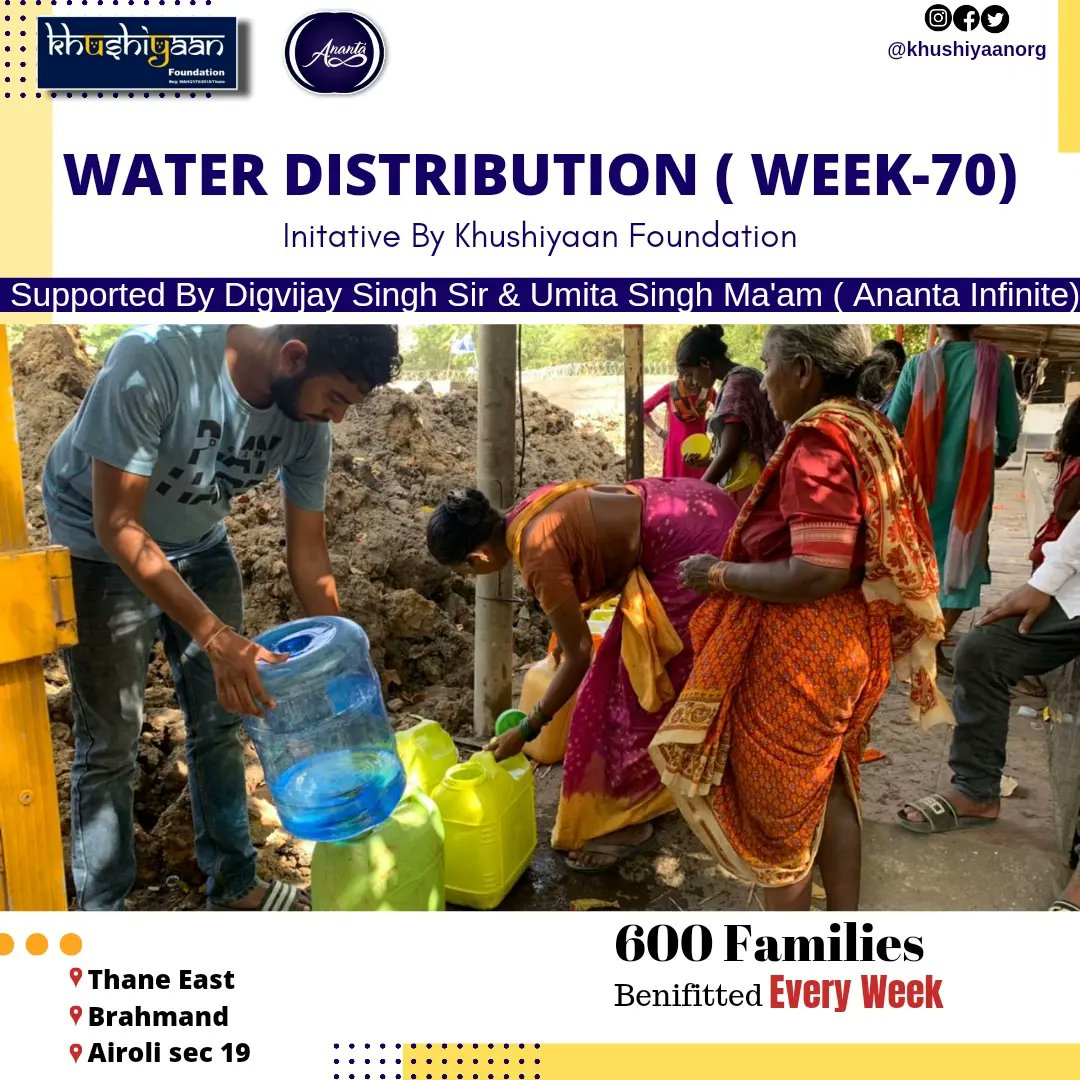 Khushiyaan_Org's tweet photo. Water Distribution- #week70.
Location - Thane East, Brahmand, Airoli sector-19.
600 families at our Mumbai Rotighar slums is benefitted with clean drinking water weekly. https://t.co/DEcvkQdYSX
