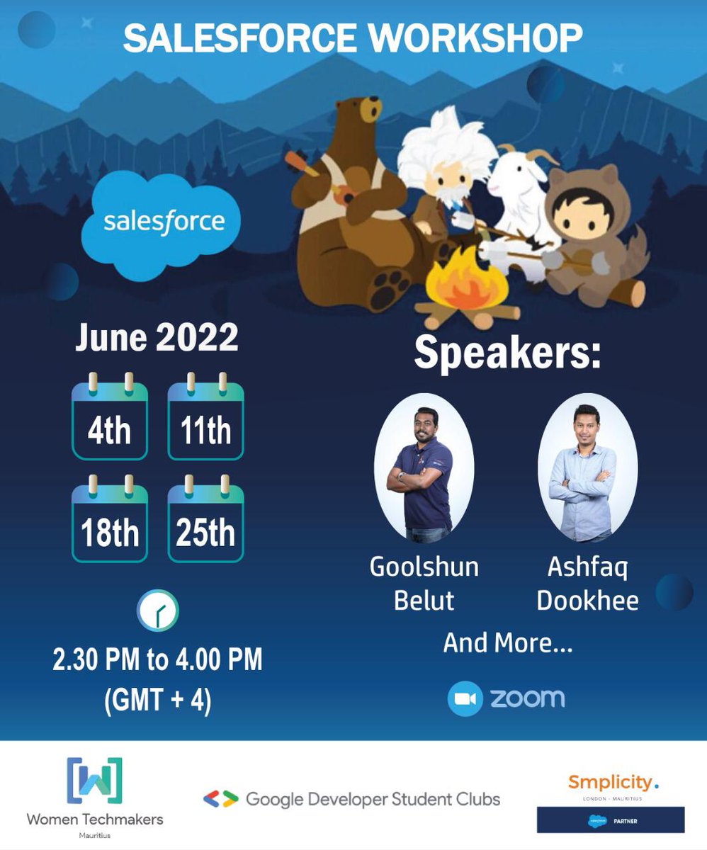 gdscuom's tweet photo. Join us for a workshop to deepen your skills. 

🗓 Dates: 
• June 4th, 
• June 11th,
• June 18th,
• June 25th 2022 

⏰ Time: 2:30 PM - 4:00 PM (GMT +4)
📍 Venue: Zoom (online platform)
Register on: 
https://t.co/24RrBFa7X8 

#GDSC #Salesforce https://t.co/Kkc8IUuH8y