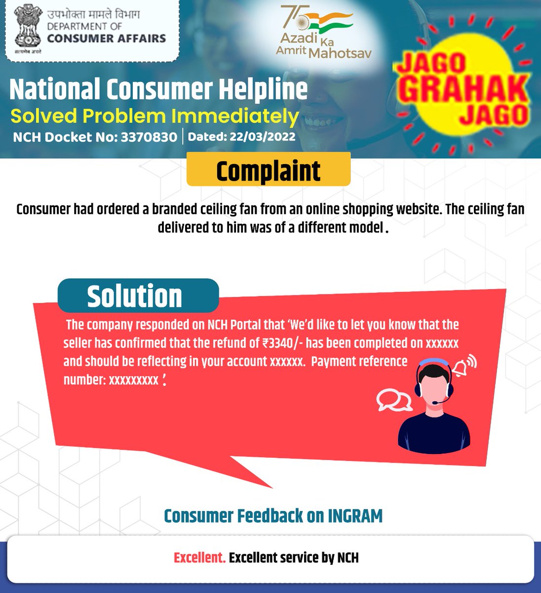 A success story of National Consumer Helpline (NCH). NCH helped a consumer in getting redressal of his grievance related to refund of a ceiling fan. #JagoGrahakJago #success #story #NCH #AzadiKaAmritMahotsav