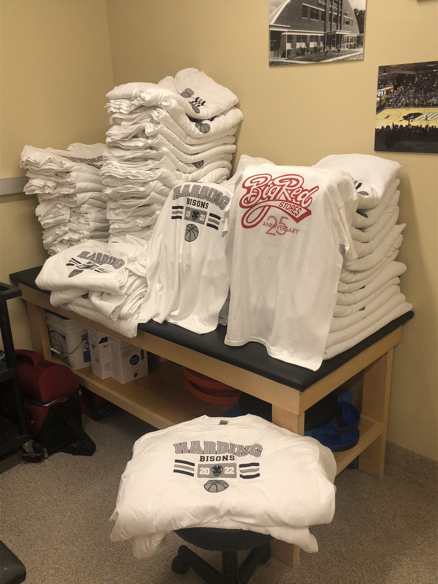 Huge thanks to @BigRedStores for sponsoring our two team camps this year! Starts this Friday with approximately 150 teams total. Just got our first batch of camp shirts! @HUCoachMorgan @Harding_MBB