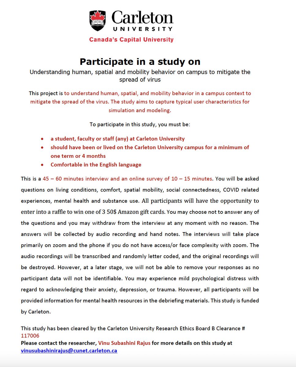 vinuRajus's tweet photo. For students, Post-Doc, Faculty or Staff at Carleton University  We are conducting an online interview and a survey to understand and model human behaviour for Carleton University campus. Interested? PM or email me at vinusubashinirajus@cunet.carleton.ca @ARSLab_CU https://t.co/XVme5goDlS