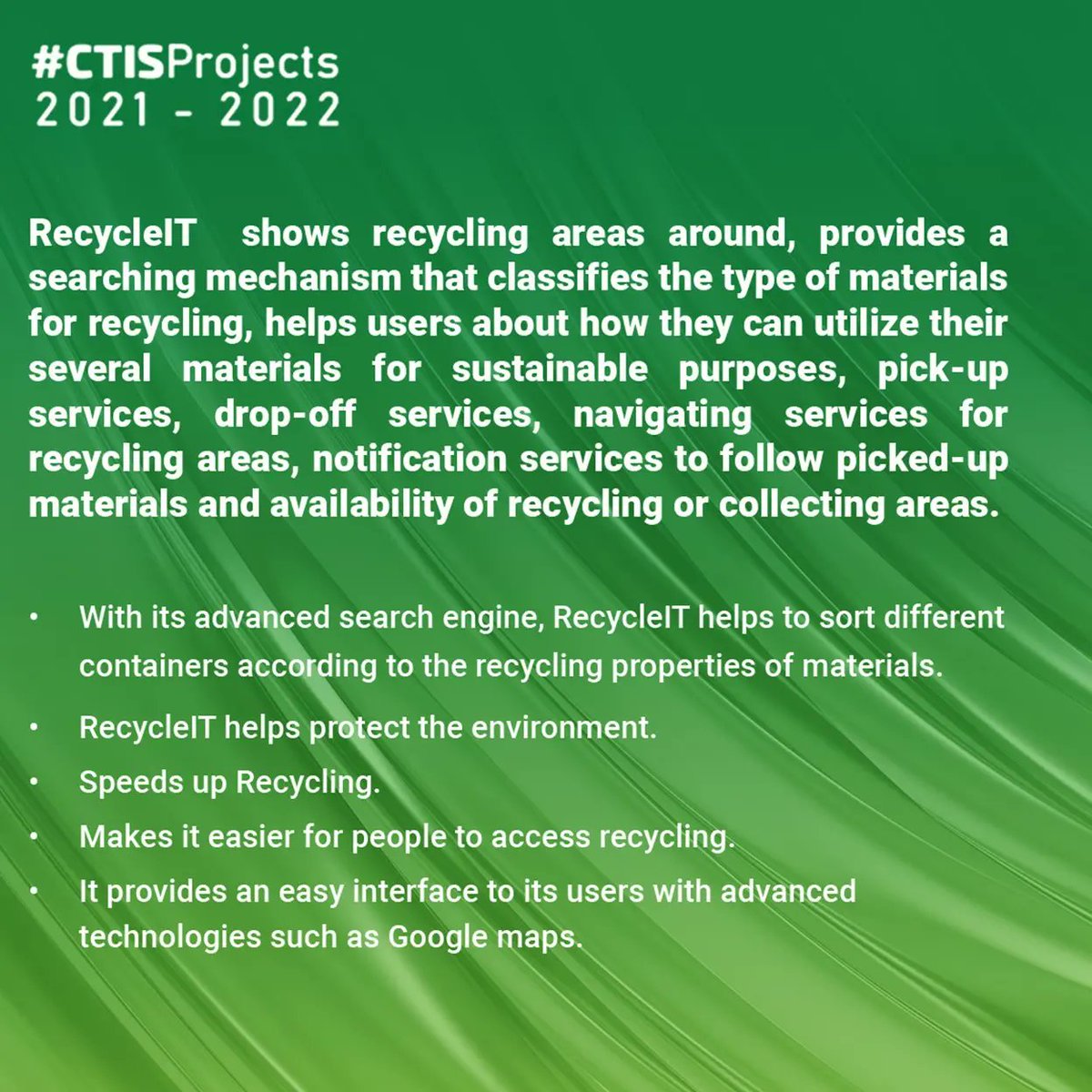 CTISBilkent's tweet photo. RecycleIT provides numerous recycling related functionalities. RecycleIT development team: Ali Beyhan, Osman Cem Arslan, Batuhan Mintaş and Burak Diker. More photos of RecycleIT: https://t.co/TSEBOqJvjA #CTISProjects https://t.co/MD5CsfqA5A
