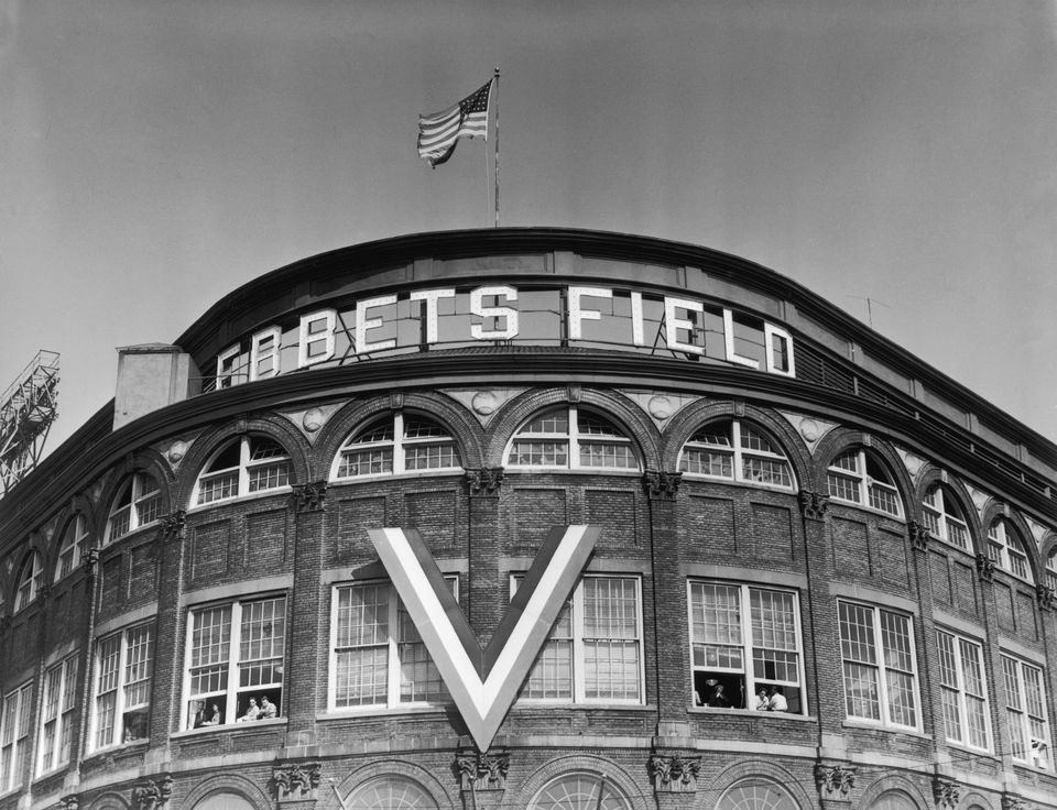 Ebbets Field decked with the “V” for Victory symbol during World War II. #Dodgers