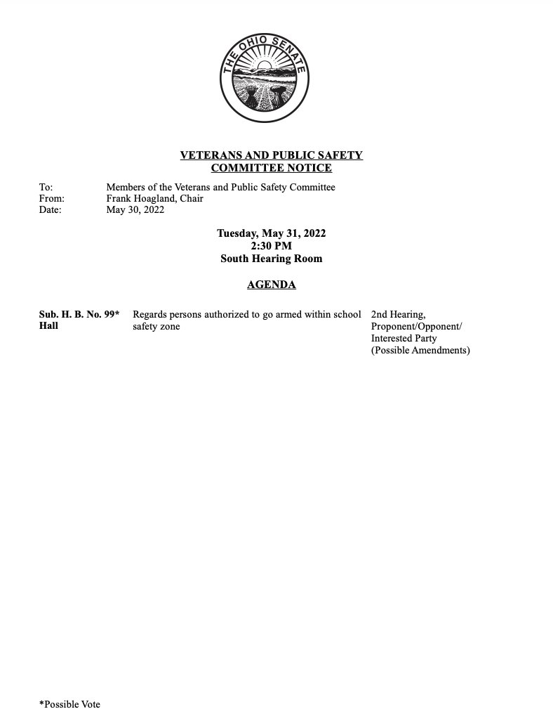 MorganTrau's tweet photo. NEW: I've been tracking HB 99 after a tip it would be heard Tuesday. It JUST appeared on schedule.

It would allow any adult in a school to carry a gun w/ 2-hours of hands-on training. There is a possible vote on it.

It will be heard at 2:30 p.m. in the South Hearing Room. @WEWS https://t.co/IrCmaMBCXt