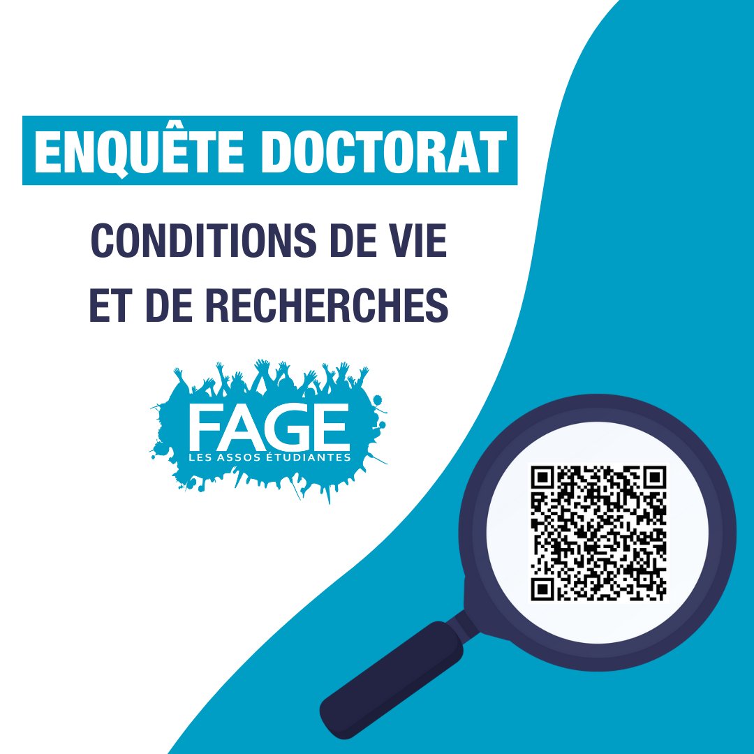 #Doctorat | La #FAGE et son réseau lancent une grande enquête nationale sur le doctorat ! 🔍
 
Objectifs :
🔹Mettre en lumière la réalité des conditions de vie et de travail
🔹Mieux défendre les droits des #doctorant·e·s
🔹Alerter les institutions sur les urgences
