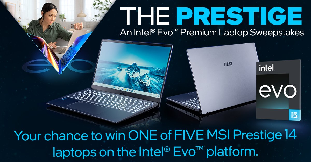 We're giving away FIVE #MSI Prestige 14 laptops on the <a href="/intel/">Intel</a> Evo™ platform. Enjoy <1 second instant wake, 1 simple #Thunderbolt4 cable to charge / connect / transfer data, &amp; the power of 12th Gen for long-lasting performance #IntelEvo 
Enter here newegg.io/tw-evo-giveaway