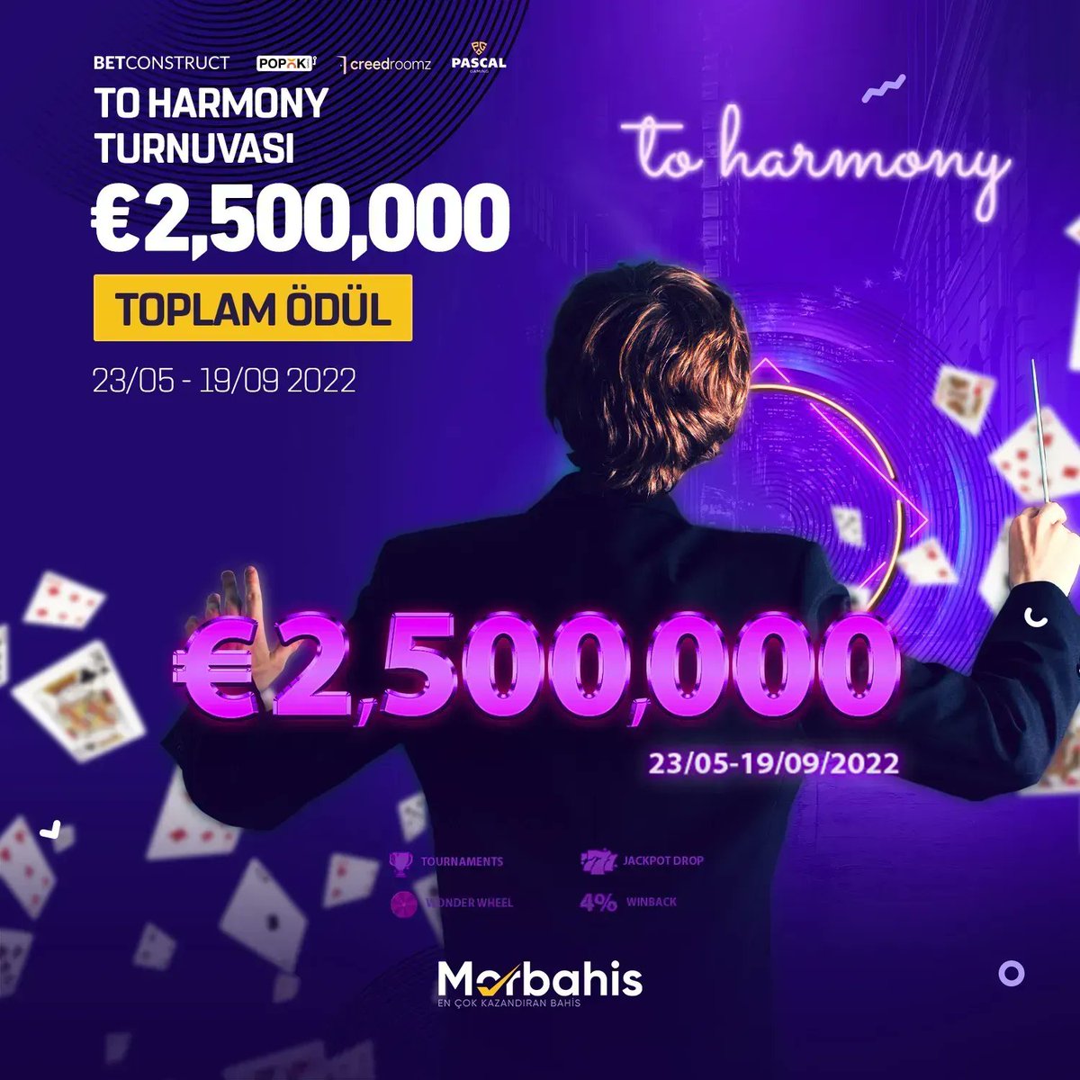 morbahis's tweet photo. 🎰 To Harmony Turnuvasıyla  €2,500,000 ödül havuzu MorBahis'te!

🤑 19 Eylül'e kadar milyoner olma şansın çok yüksek, gecikmeden Morbahis'te turnuvaya katıl!

💜 Morbahis - https://t.co/NvxHHsoY4k https://t.co/TKUJMQ01A2
