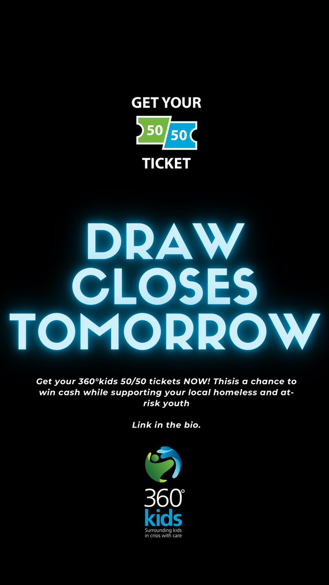 Only one day left to purchase your 50/50 tickets for our May draw!  Get your tickets NOW!

360kids.bump5050.com