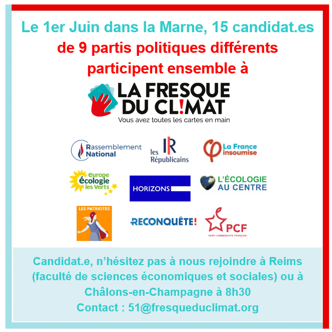 LaFresqueEnCA's tweet photo. Ne manquez pas la #fresqueduclimat dans la #Marne pour les #legislatives2022  
Toutes les circonscriptions participent #circo5101 #circo5102 #circo5103 #circo5104 #circo5105 https://t.co/8iQDcr5ixr