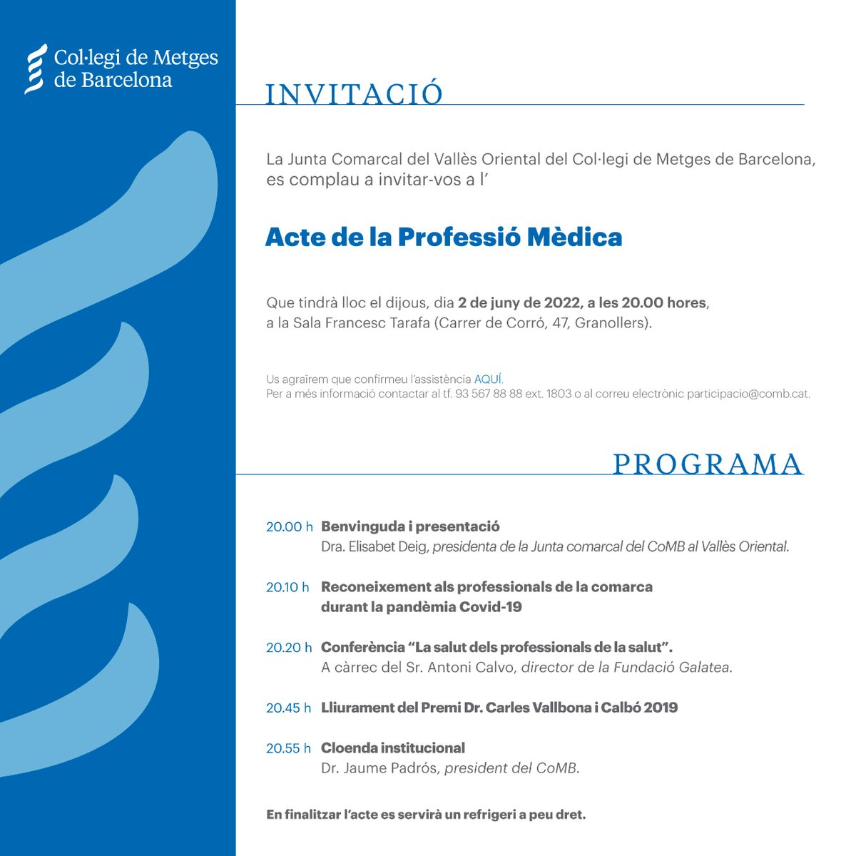 2 de juny ➡️ Acte de la Professió Mèdica del Vallès Oriental 2022
🔹Reconeixement als professionals de la comarca durant la pandèmia Covid-19
🔹“La salut dels professionals de la salut" amb Antoni Calvo <a href="/FundacioGalatea/">Fundació Galatea</a>
🔹 Premi Dr. Carles Vallbona i Calbó
comb.cat/ca/comunicacio…