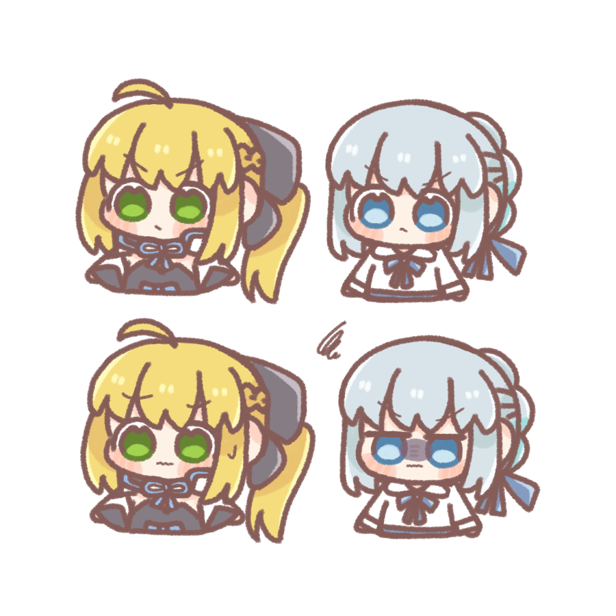 artoria pendragon (fate) ,morgan le fay (fate) multiple girls blonde hair 2girls blue eyes green eyes ahoge white background  illustration images