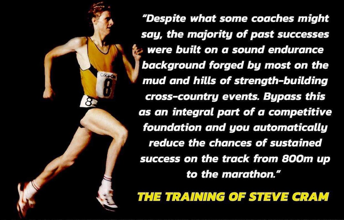 RodMurrow's tweet photo. Something to think about as we wind down track and start to ramp up XC. Steve Cram ran 46.2 for 400, 1:42 for 800, and 3:46 for the mile, including WRs at 1500m and the mile. This is what he says about cross country. https://t.co/h3SkSKVa5L