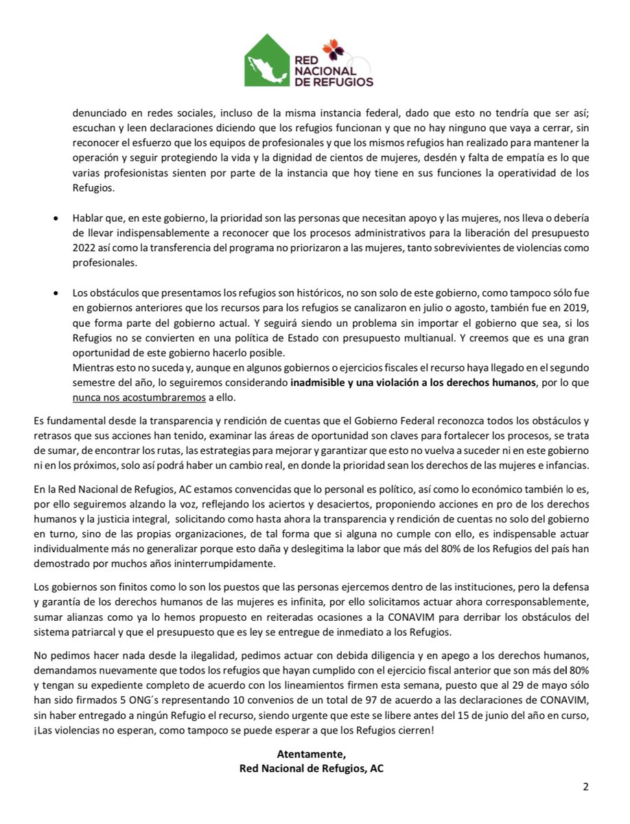 RNRoficial's tweet photo. 📣Por respeto a la ciudadanía,a las mujeres beneficiarias de los #Refugios🏠,sus hijas e hijos y de las mujeres profesionistas,exponemos en el siguiente COMUNICADO algunas precisiones en el proceso de liberación del PEF2022 sin dejar de solicitar la entrega del presupuesto ya👇🏼 https://t.co/DOD1WqLmcu