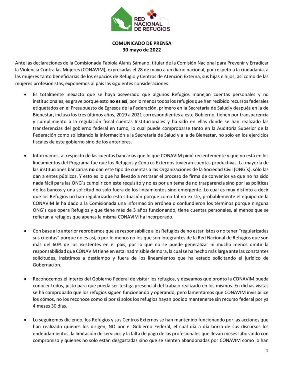 RNRoficial's tweet photo. 📣Por respeto a la ciudadanía,a las mujeres beneficiarias de los #Refugios🏠,sus hijas e hijos y de las mujeres profesionistas,exponemos en el siguiente COMUNICADO algunas precisiones en el proceso de liberación del PEF2022 sin dejar de solicitar la entrega del presupuesto ya👇🏼 https://t.co/DOD1WqLmcu