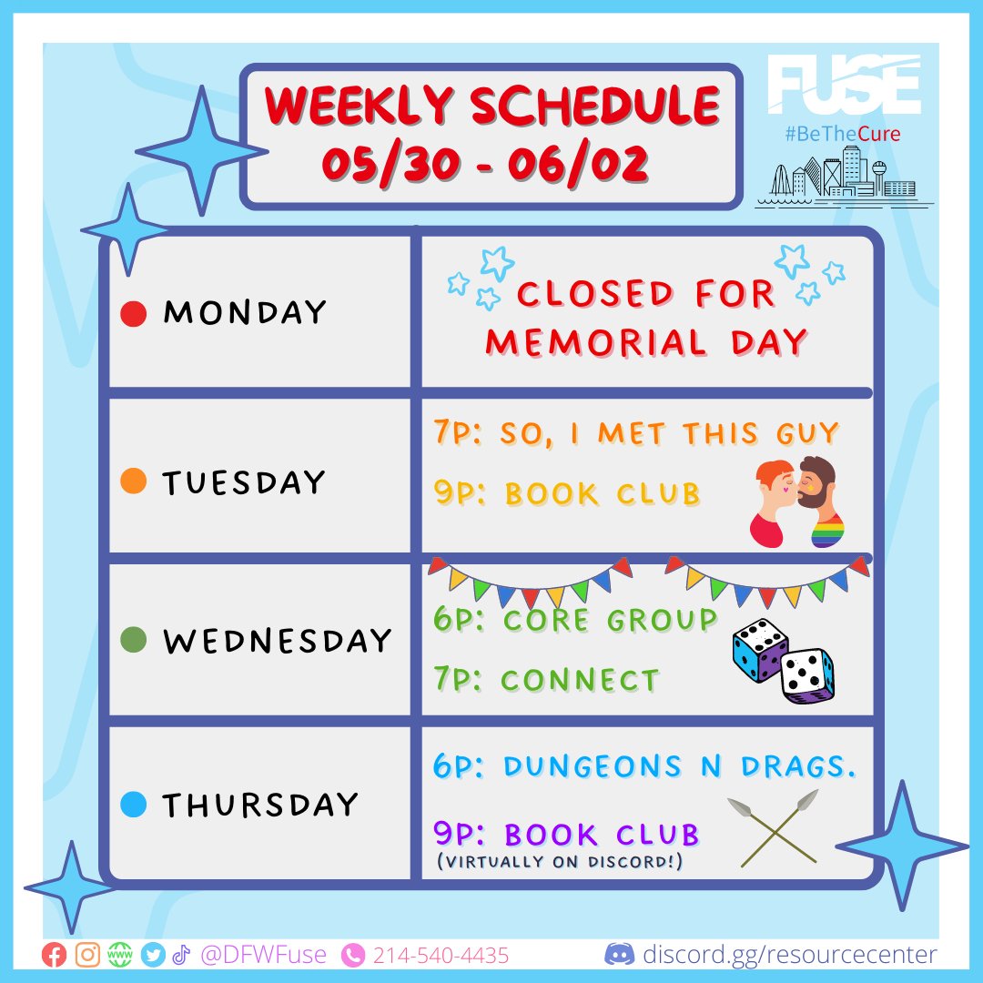 Here is our calendar for the week!  Pride season is among us! 🌈

Fuse is a Social Group for 18-35-year-old guys who like other guys!

#DFWFuse #DFWFuse #gay #gaydallas #dallaslgbt #dallaslgbtq