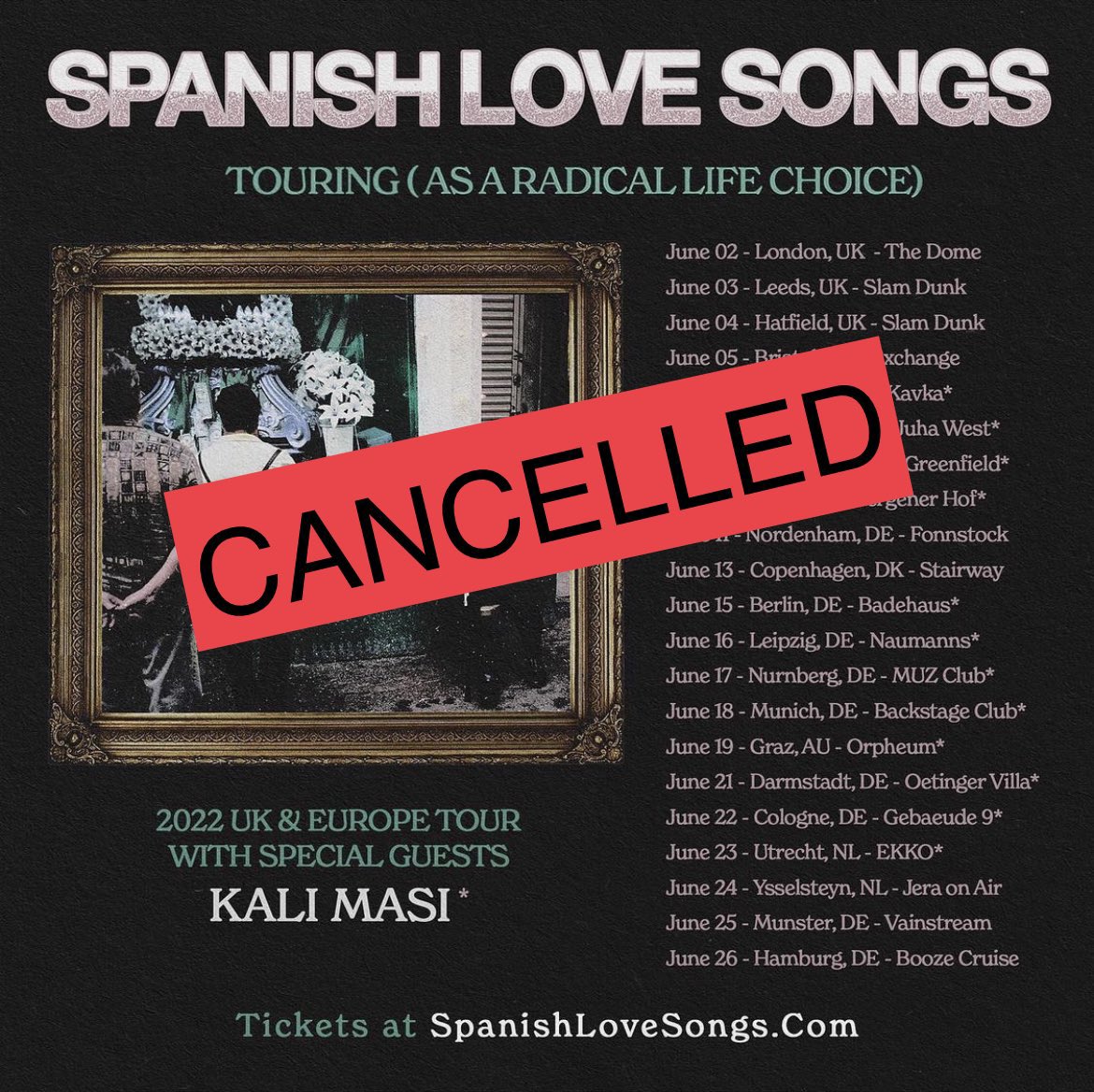 SpanishLuvSongs's tweet photo. Well, this hurts. Due to a few of us still battling Covid, we have to cancel our summer tour. We waited as long as we could, hoping the impacts to our health would ease, but they haven’t and we had to make this difficult choice. https://t.co/TzkxY8PexK