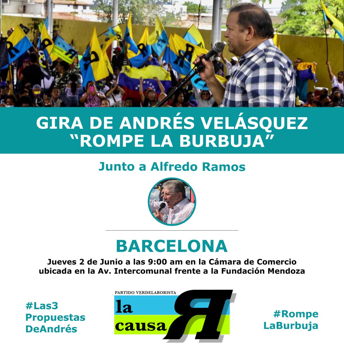 CordovaLuis28's tweet photo. Gira de Andrés Velásquez a #Barcelona este #02Junio #RompeLaBurbuja. Vendrá acompañado de @AlfredoARamos. Causa R está invitando a dirigentes, activistas y amistades a acompañarles en la sede de la Cámara de Comercio, Av Intercomunal, frente a la Fundación Mendoza

@AndresVelasqz https://t.co/cfFzOhflC9