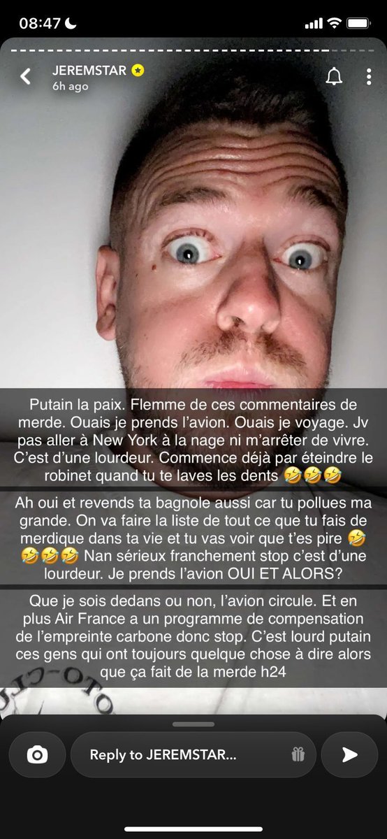 BonPote's tweet photo. L’influenceur @jeremstar , qui tient une plateforme contre le cyber harcèlement, a affiché une personne en story devant plus de 2 millions de personnes, parce qu’elle lui faisait remarquer que prendre l’avion sans limite était pas terrible en pleine urgence climatique. https://t.co/HWPSF3tmZc