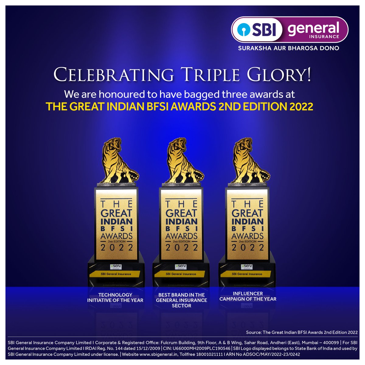 sbigeneral's tweet photo. An awards treble for us at 'The great Indian BFSI Awards!'

SBI General has won 'Technology Initiative of the Year', 'Best Brand in General Insurance Sector' and 'Influencer Campaign of the Year' at The great Indian BFSI Awards - 2nd edition 2022.

#SBIGeneral #BFSIAwards https://t.co/93Vmq32Ixs