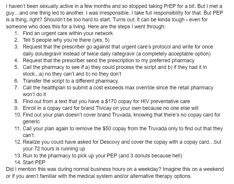 ErinMcCreary's tweet photo. have a colleague and friend who lives across the country recently send me this email. he is a healthcare provider and gay. this was his experience with attempting to access PEP. our system is so amazingly flawed sometimes. https://t.co/CYvQrQfVwA