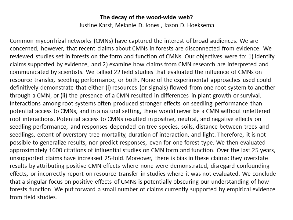 karst_justine's tweet photo. 'The decay of the wood-wide web?' --> our (co-authors: Melanie Jones, Jason Hoeksema) abstract submitted to ICOM11. If you are interested but unable to attend, it's posted below. We are concerned that recent claims about CMNs in forests are disconnected from evidence. https://t.co/FuioCoIKqG
