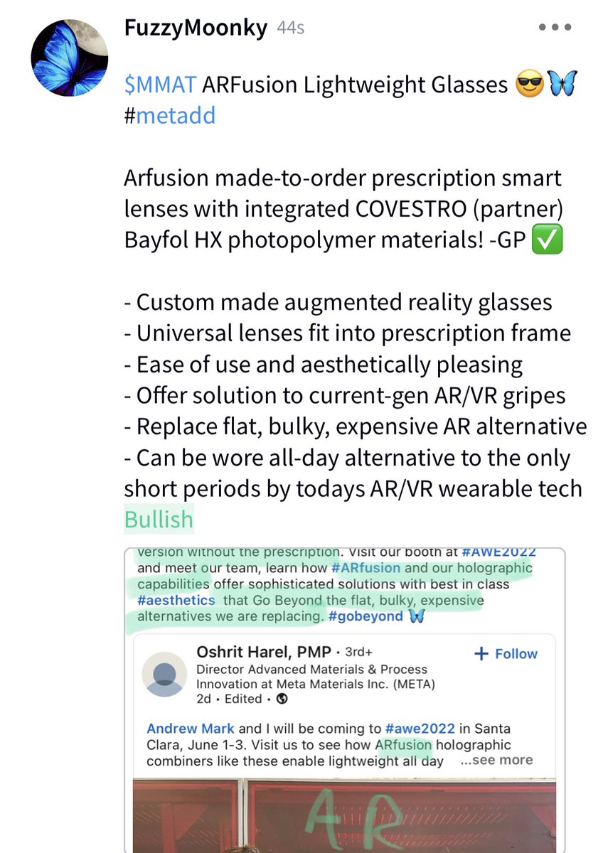 FuzzyMunky_'s tweet photo. $MMAT #METADD ARFusion Lightweight Glasses👽😎🦋

Arfusion made-to-order prescription smart lenses with integrated COVESTRO (partner) Bayfol HX photopolymer materials! -GP

- Custom made augmented reality glasses
- Universal lenses fit prescription frame
- Replacement for old-gen https://t.co/ibNeybJBOw