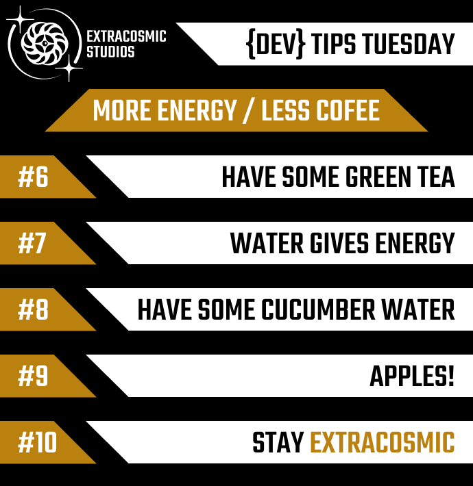 ExtracosmicS's tweet photo. In last week's #DevTipsTuesday we encouraged you to be careful with your coffee if you want to be a healthy dev. 

Soo this week we decided to give some tips from our personal experiences on how you might do that 🙌

#ExtraCosmicStudios
#gamedeveloper #gamedevelopment #indiedevs https://t.co/BOwqNk5ujm