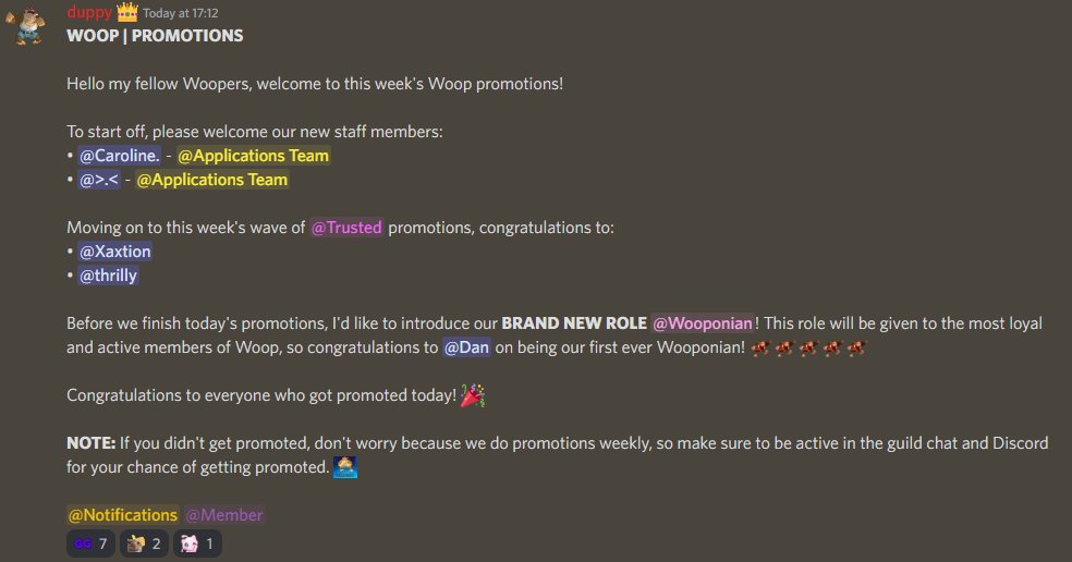 WoopGuild's tweet photo. Please welcome cwroline and claire to the staff team, and a huge CONGRATULATIONS to Xaxtion and Thrilly on their promotions to Trusted, and to OkaySo for being our FIRST EVER WOOPONIAN!!!!!! 🥳 https://t.co/ACj5V1x6nw