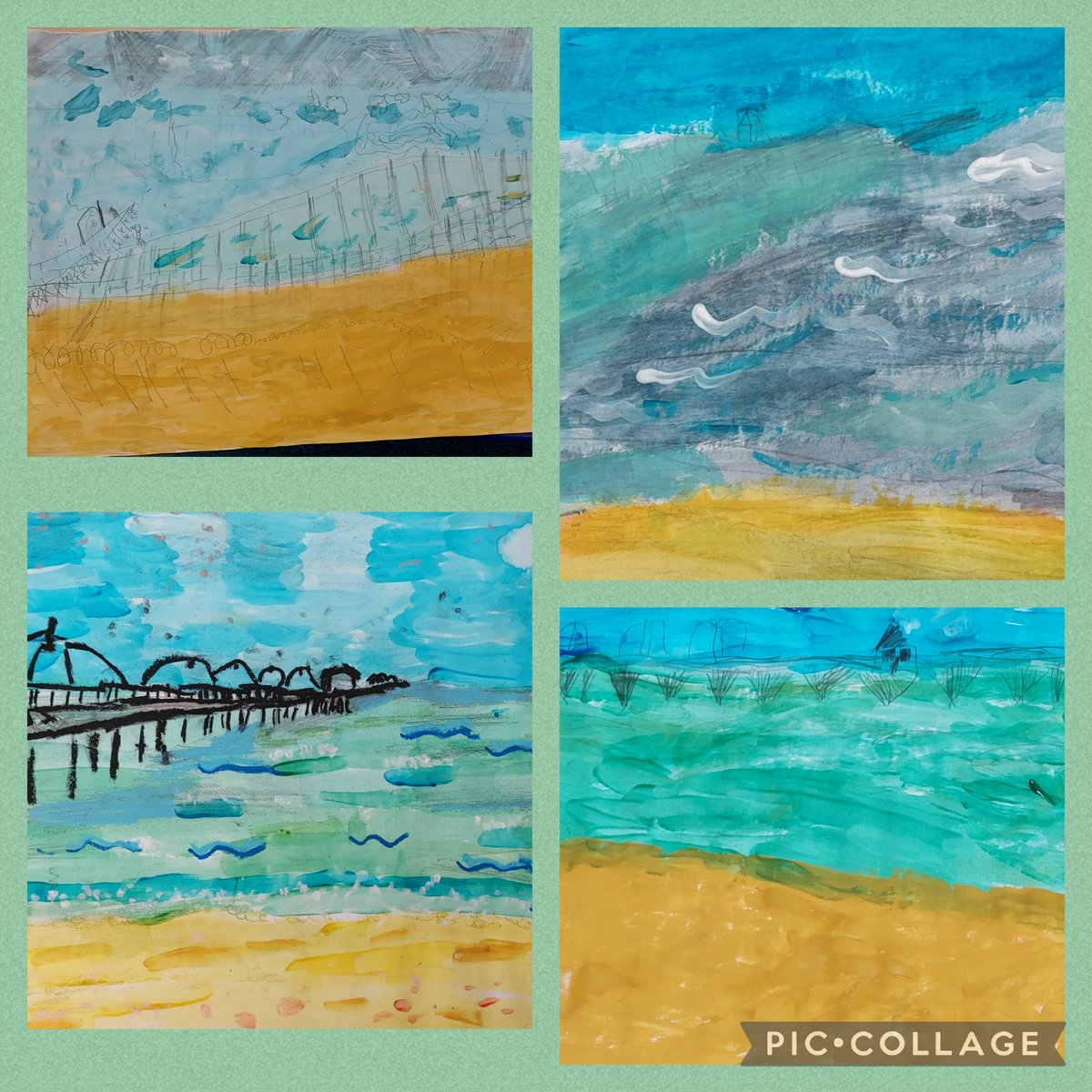 MissOutdoorEd's tweet photo. Some fantastic seascapes from budding artist in class 2 @OlasSchool inspired by local artist @JamesB_artist #paintings #art #beachschool #seascapes #parbold https://t.co/G4nd3AYnko