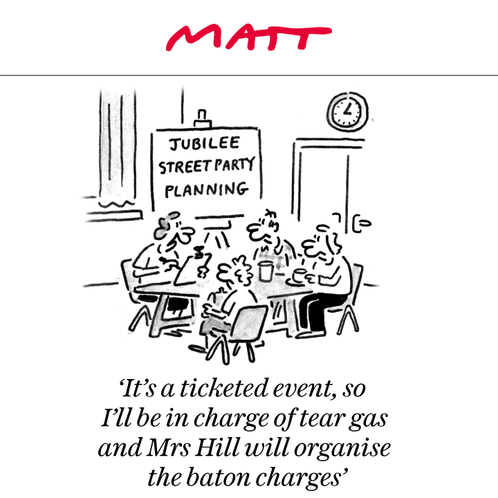 My latest cartoon for tomorrow's <a href="/Telegraph/">The Telegraph</a> 

'It's a ticketed event, so I'll be in charge of tear gas and Mrs Hill will organise the baton charges'

Subscribe to my weekly newsletter to receive my unseen cartoons: telegraph.co.uk/premium/matt/?…