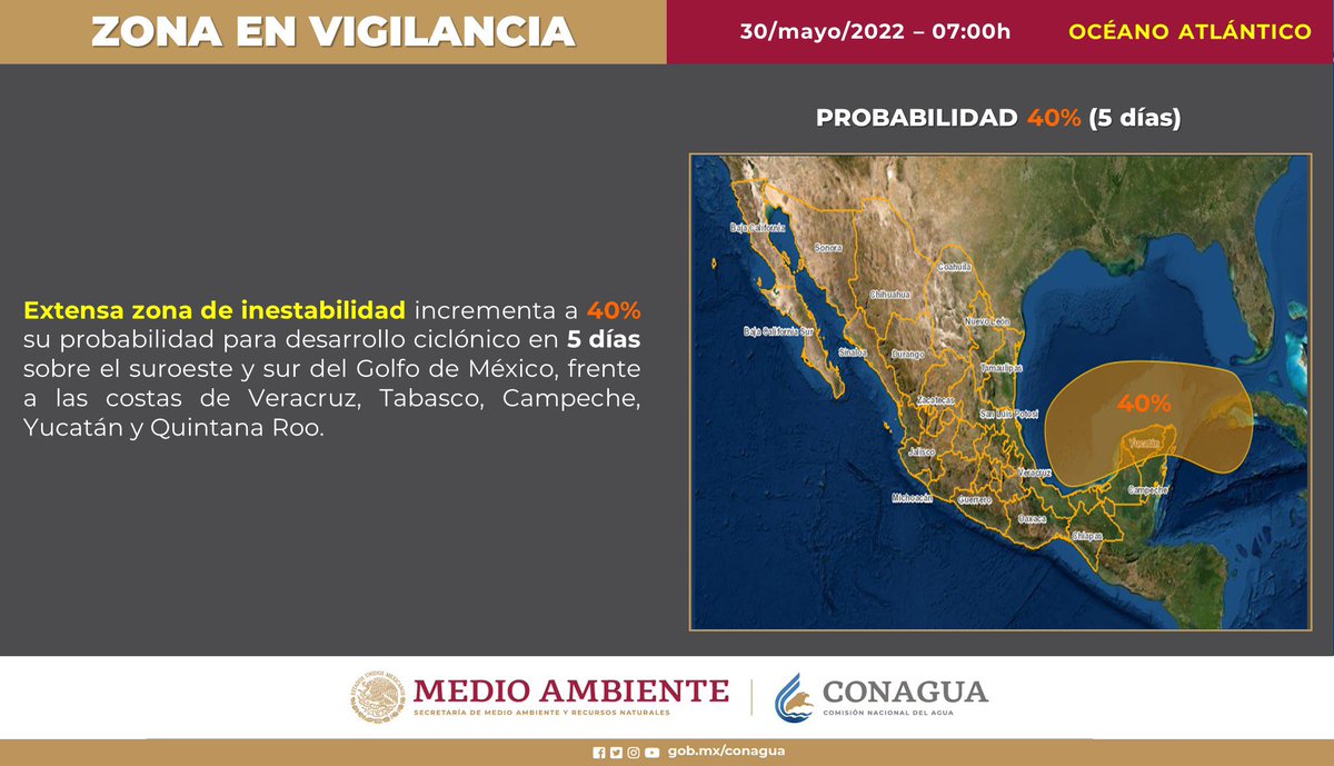PCivilCancun's tweet photo. Aviso meteorológico ⚠️

Zona de inestabilidad sobre el suroeste y sur del Golfo de México, localizada frente a las costas de Veracruz, Tabasco, Campeche, Yucatán y Quintana Roo, incrementa a 40% su probabilidad para desarrollo ciclónico en cinco días. 
(1/2) https://t.co/ytWvTSAkg1