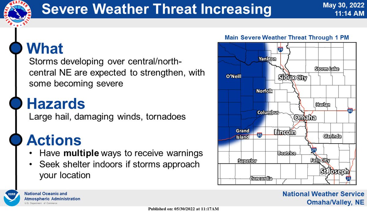 NWSOmaha's tweet photo. Severe weather threat is increasing as storms develop over central into north-central/northeast Nebraska. Large hail, damaging winds, and tornadoes will all be possible as the storms strengthen. Make sure you have multiple ways to receive warnings and be ready to seek shelter. https://t.co/ZeOam71v74