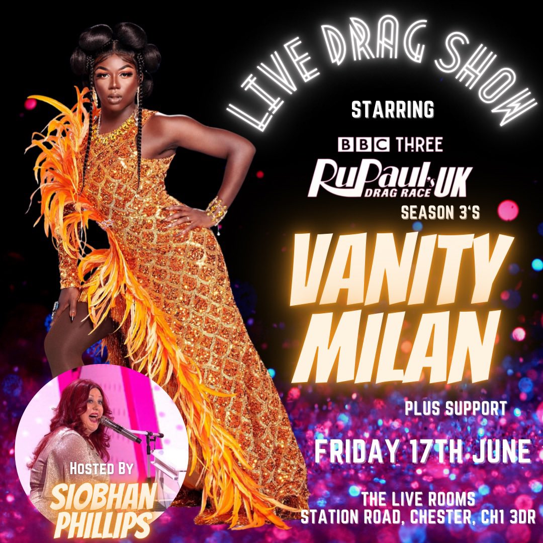 #Chester! Book your tickets to see <a href="/ItsVanityMilan/">Vanity Milan 🧡</a>, <a href="/siobhanBGT19/">Siobhan Phillips</a> plus support at #TheLiveRooms on Friday 17th June! 

🎟 from only £10 | eventbrite.co.uk/e/drag-night-w…

#DragRaceUK #VanityMilan
