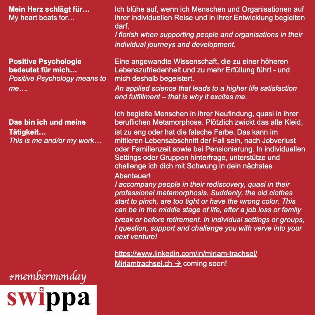 swippaCH's tweet photo. #membermonday - Unsere Mitglieder stellen sich vor // meet the SWIPPA members!
Heute stellt sich Mirjam Trachsel vor ☀😊
//Today our member Mirjam Trachsel introduces herself
#swippa #membermonday #positivepsychologie https://t.co/aM8RD1OzWe