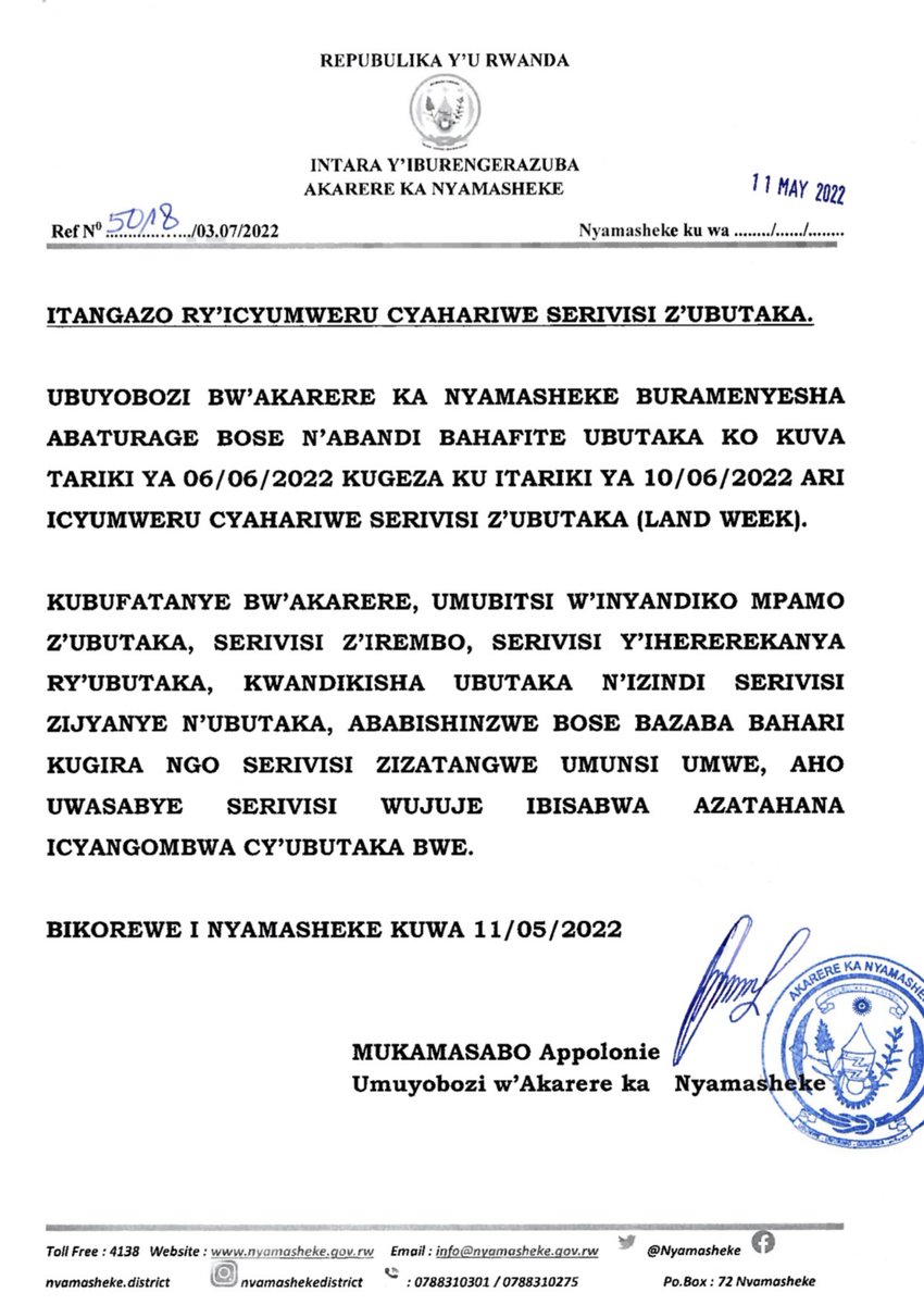 Aya makuru ni ingenzi:

Ku bufatanye bw' Akarere n' Ikigo Gishinzwe Imicungire n' Imikoreshereze y’Ubutaka Mu Rwanda babateguriye icyumweru cyahariwe sirivisi z' ubutaka #LandWeek ku wa 06-10/06/2022.

Iyo wujuje ibisabwa, icyangobwa cyawe uragitahana