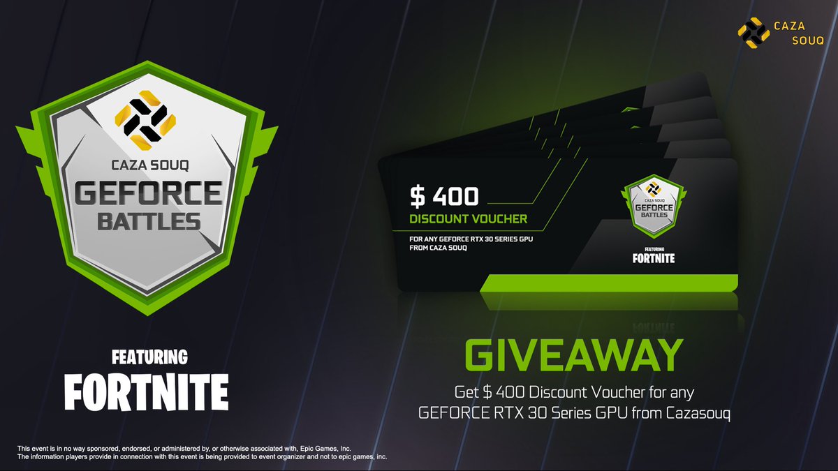 CazaSouqEsports's tweet photo. كُن أحد الرابحين الـ 5 معنا بكوبون خصم 400$ على أي طلب لكروت الشاشة فئة GeForce RTX 30 Series من موقع @CazaSouq 🤩

كل اللي عليك تسويه هو :-

• رتويت للتغريدة
• مُتابعة @NvidiaGeForceME &amp; @CazaSouq

وش تنتظر! السحب في آخر يوم من البطولة 💪🏻
https://t.co/Jmu33Rj3JD https://t.co/1NxtH1uxwW