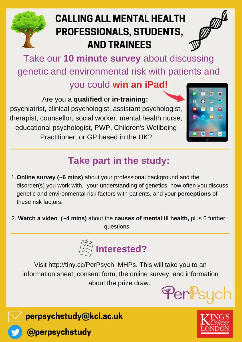 perpsychstudy's tweet photo. Hi there! Are you a UK-based mental health professional, student, or trainee? Do you fancy winning an iPad? 

Take a 10-min survey for a new research study at King's College London💻and be entered into a prize draw!🏆📱

Survey here: https://t.co/QTI0M57JNT

RTs are appreciated!! https://t.co/enrAUshlRL