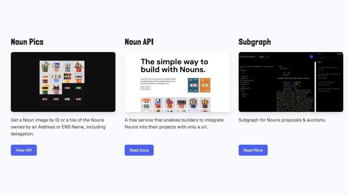 Added 3 new resources to the “Dev Center” on <a href="/NounsCenter/">Nouns Center</a>. APIs by <a href="/carrot_init/">devcarrot</a> &amp; <a href="/badublanc/">badu 🌩</a> as well as the Nouns Subgraph.

This is a page for <a href="/NounsDAO/">Nouns.eth</a> developer resources including docs, tools, and FAQs. Let me know what else you’d like to see here.

nouns.center/dev