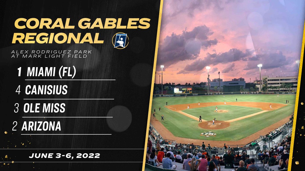 CORAL GABLES REGIONAL

1️⃣ <a href="/CanesBaseball/">Miami Hurricanes Baseball</a> 
2️⃣ <a href="/ArizonaBaseball/">Arizona Baseball</a> 
3️⃣ <a href="/OleMissBSB/">Ole Miss Baseball</a> 
4️⃣ <a href="/GriffsBaseball/">Canisius Baseball</a> 

#RoadToOmaha