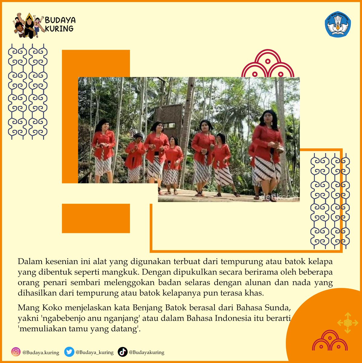 budaya_kuring's tweet photo. Sampurasun😊
Yuu kenali salah satu kesenian dari pangandaran. Selain sajiannya yang unik, kesenian Benjang Batok juga memiliki kisah yang cukup menarik loh baraya..
Kangmin mengulasnya sedikit pada gambar ya 😊🙌
#pangandaran #senisunda #JawaBarat https://t.co/jTx5L8LcAH