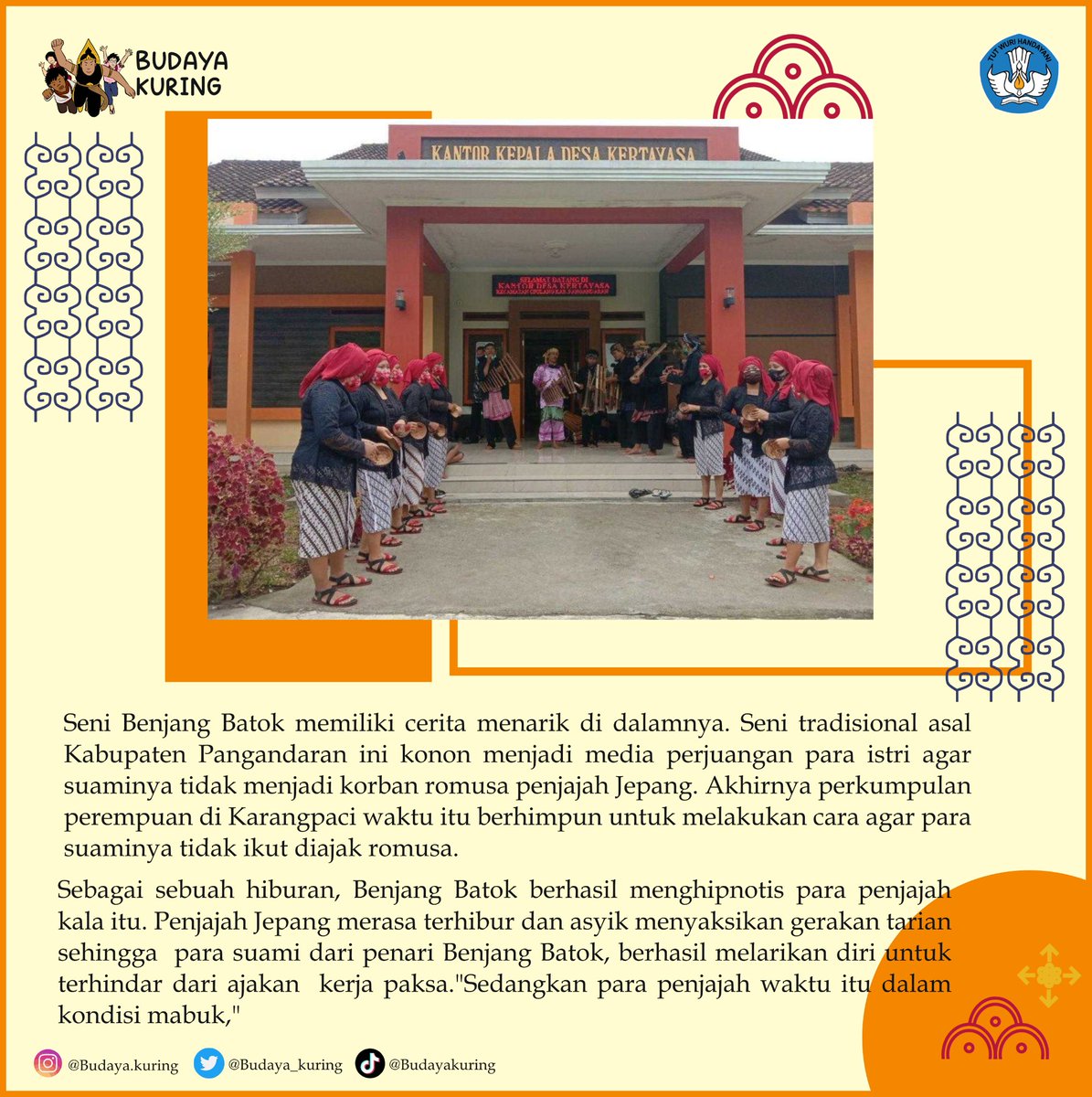 budaya_kuring's tweet photo. Sampurasun😊
Yuu kenali salah satu kesenian dari pangandaran. Selain sajiannya yang unik, kesenian Benjang Batok juga memiliki kisah yang cukup menarik loh baraya..
Kangmin mengulasnya sedikit pada gambar ya 😊🙌
#pangandaran #senisunda #JawaBarat https://t.co/jTx5L8LcAH