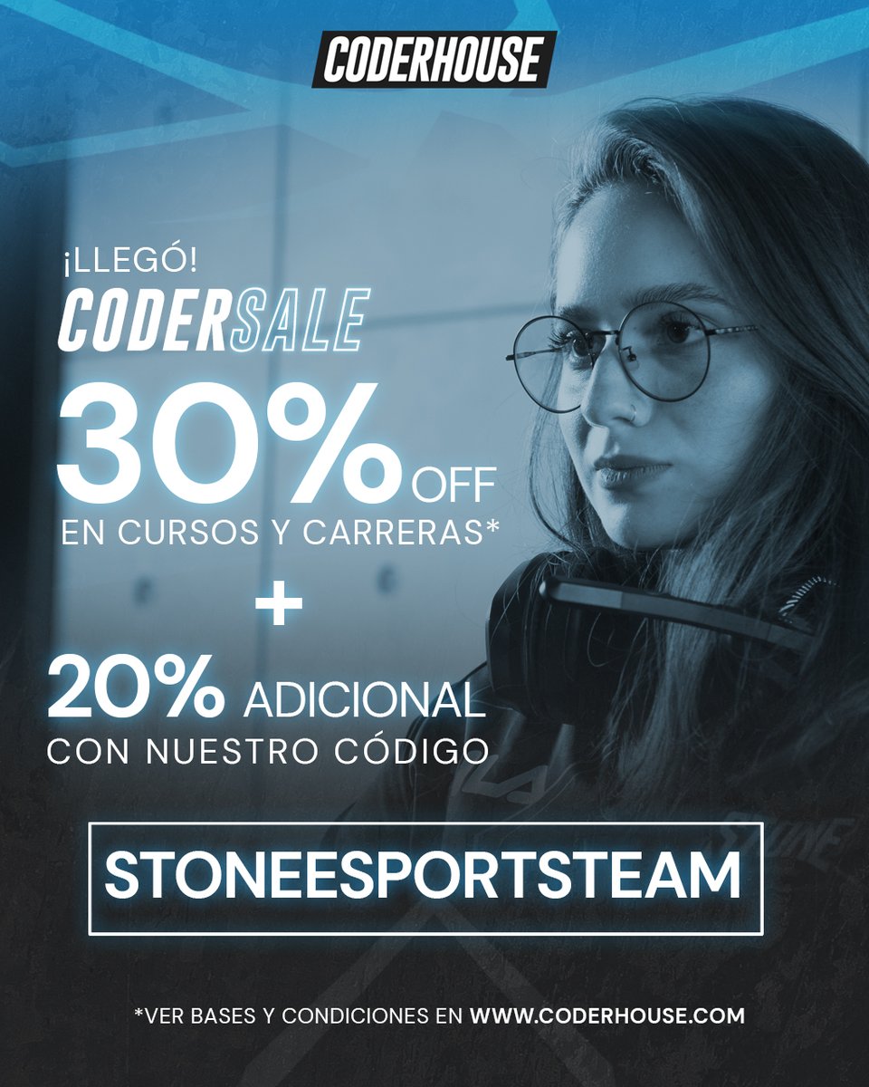 stonesportsteam's tweet photo. ¡Llegó el #CoderSale !
Aprovechá ahora, además del descuento que tiene @coderhouse en sus Cursos y Carreras, podes sumarle un 20% de descuento usando nuestro código:
🎟️ STONEESPORTSTEAM
👉 https://t.co/6Crl66UhZO https://t.co/E2li3b79dH