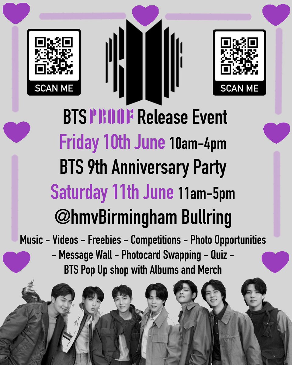 hmvBirmingham's tweet photo. Attention #BTSArmy  💜

Who’s coming to our #BTS launch party and anniversary event? 🎉 

Pre-order #BTS_Proof now @hmvbirmingham to guarantee your DAY ONE copy and snag yourself a FREE goodie bag (teasers next week) 🙌 

@BANGTANUK @BTSRadioUK @BTSUKUNITE https://t.co/I6GqL0d6wE
