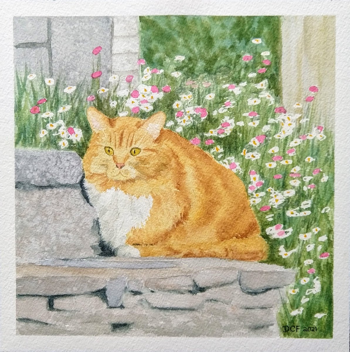 DeniseFalbo's tweet photo. Cat with flowers, my favorite things. #watercolor #watercolorpainting https://t.co/90buQ6m61B