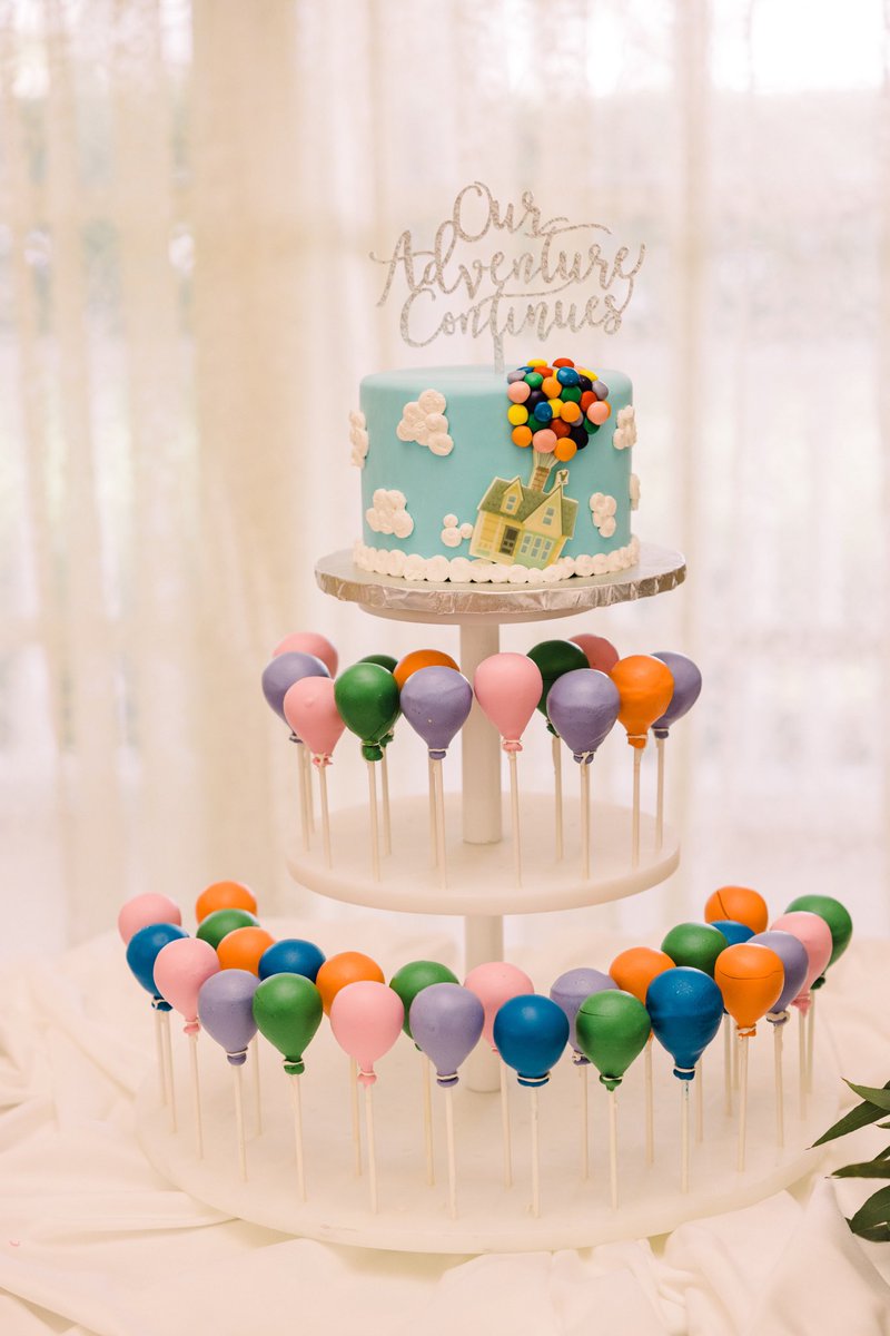 DisneyWedCast's tweet photo. Judy and Bob surrounded their "Up"-themed anniversary cake in Lemon with Lemon Mousse and Fresh Blueberries with Chocolate, Vanilla and Peanut Butter cake pops made to look like balloons! #upcake https://t.co/N8DPoBU7Te https://t.co/2df6oDZAZw