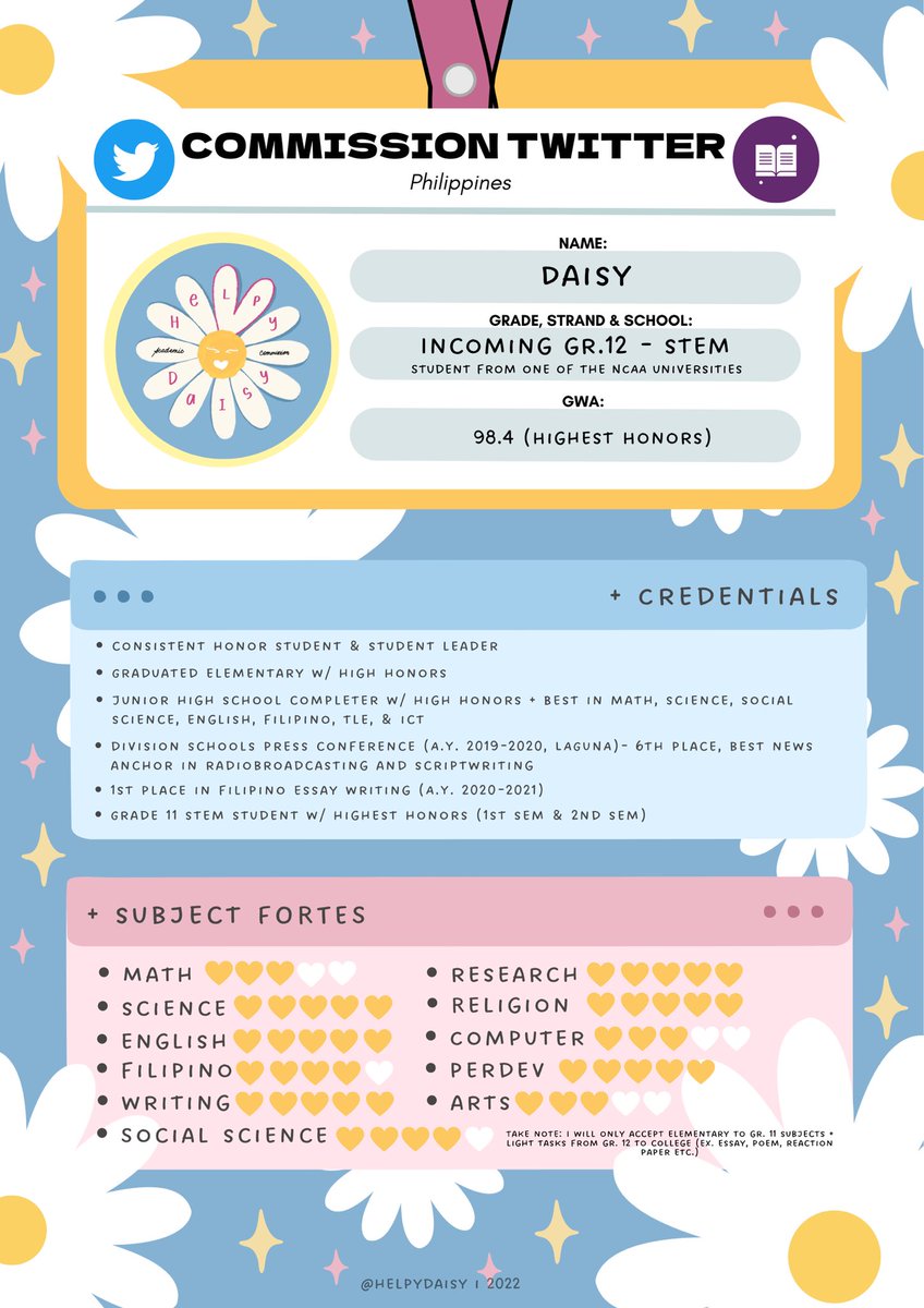 helpydaisy's tweet photo. ꒰ Welcome to Helpy Daisy ꒱
Hola! I am daisy, a stem student, and new commer. And I am here to lessen the things on your plate with a student-friendly rate! Here are the things you need to know: 

—✧ client’s feedback: #helpedbydaisy

inquiry form below 🤍 https://t.co/pFEtvDSmcT