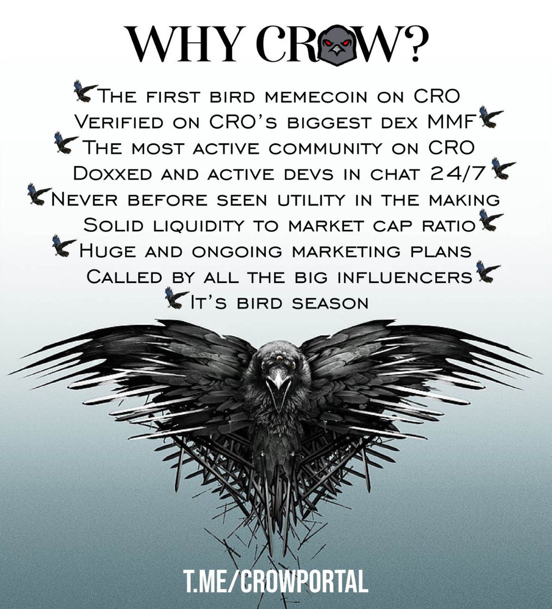 drakm1's tweet image. When I have cash,
I buy @CrowCoinCRO 

#LFCROW #CROWMOONITY

#Crowcoin #Crypto #memecoin #crofam #cro #cryptocurrencies #1000xgem #CAW #BULLISH #mmf